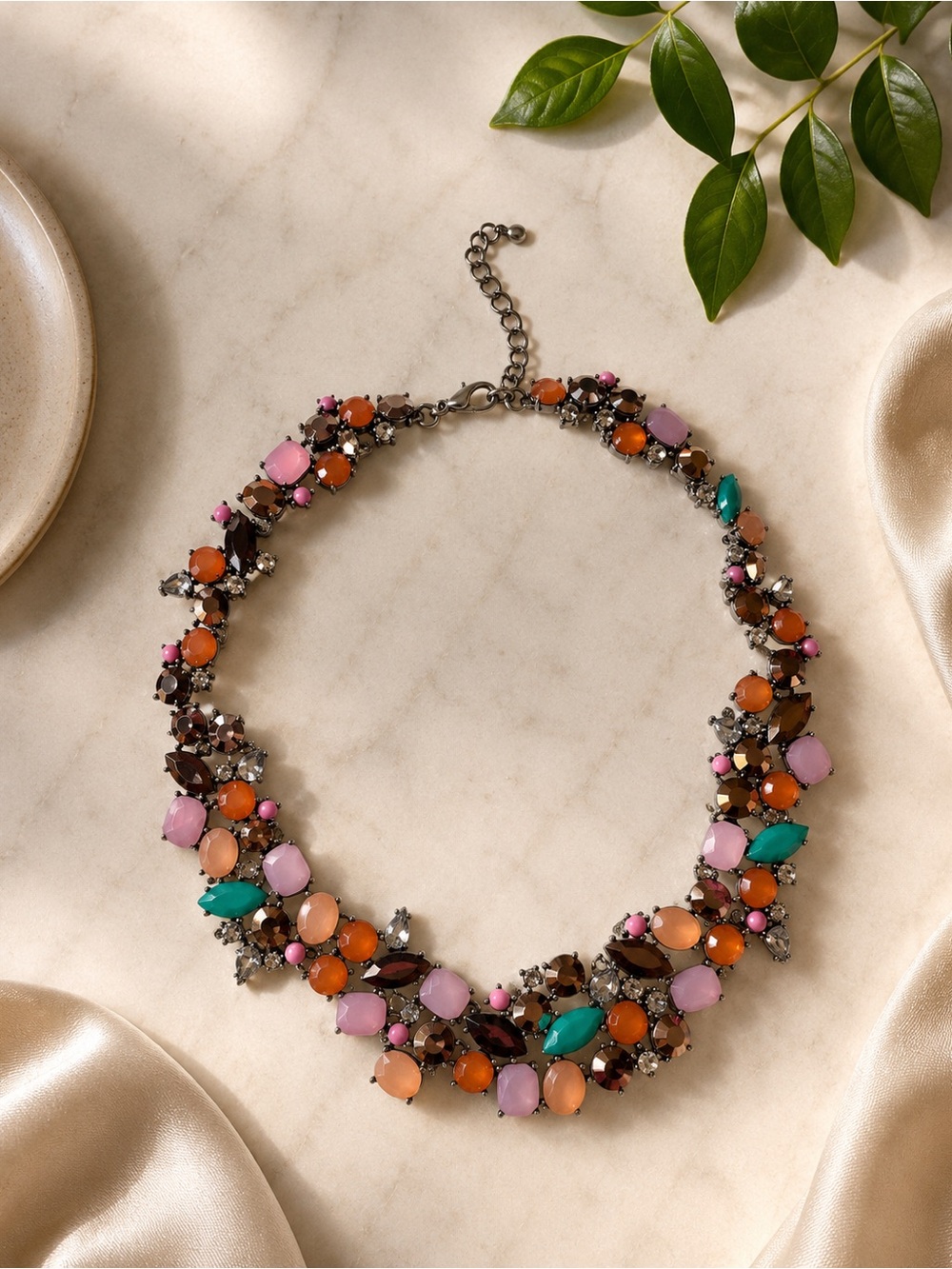 Colorful Gemstone Cluster Necklace - Pink, Orange & Teal